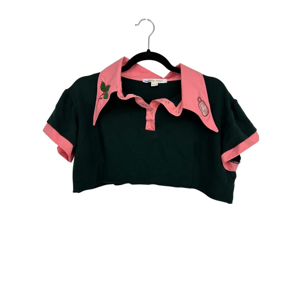 Tuesday Bassen Crop Polo Womens XXL Green Pink Short Sleeve Embroidered *READ